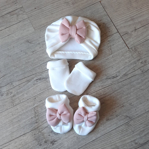 Off-white turban set with pink bow + matching mitten + slipper. choice of warm or thin fabrics